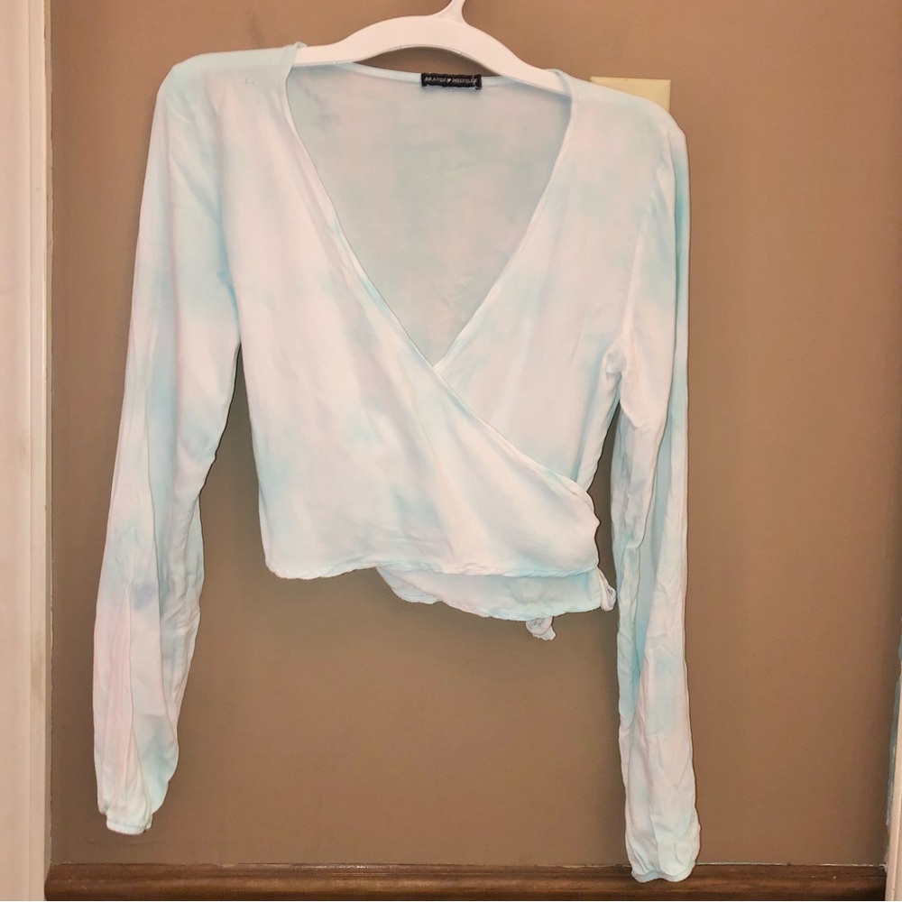 Brandy Melville Tie Dye Wrap Long Sleeve Crop Top Blue White One Size